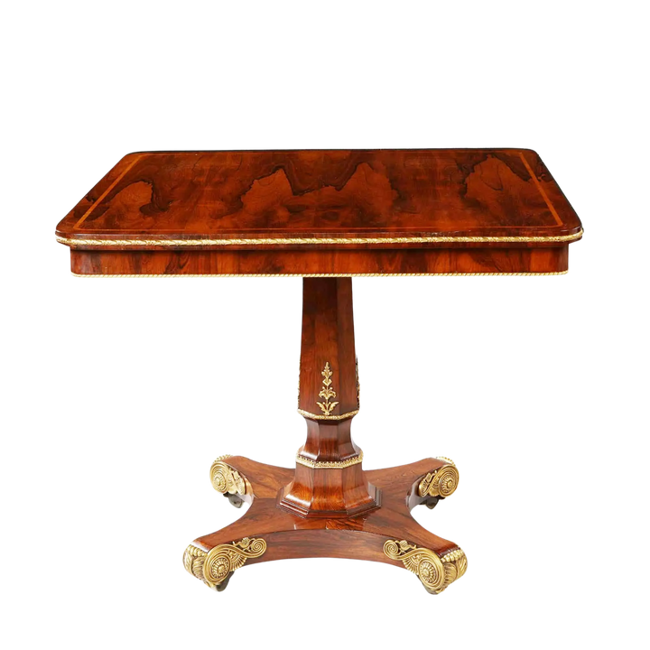 Regency Rosewood Square Center Table with tilt-top, gilt metal edges, cast bronze feet, and faceted tapering base.