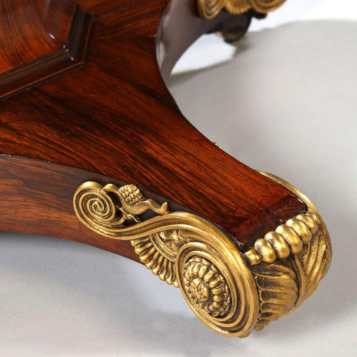 Regency Rosewood Square Center Table featuring ornate gilt metal feet and rich rosewood veneers in a Regency period design.