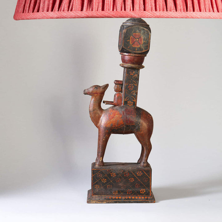 Rajasthani Lacquered Table Lamp featuring antique wooden camel design with intricate 1920s Indian lacquer work.