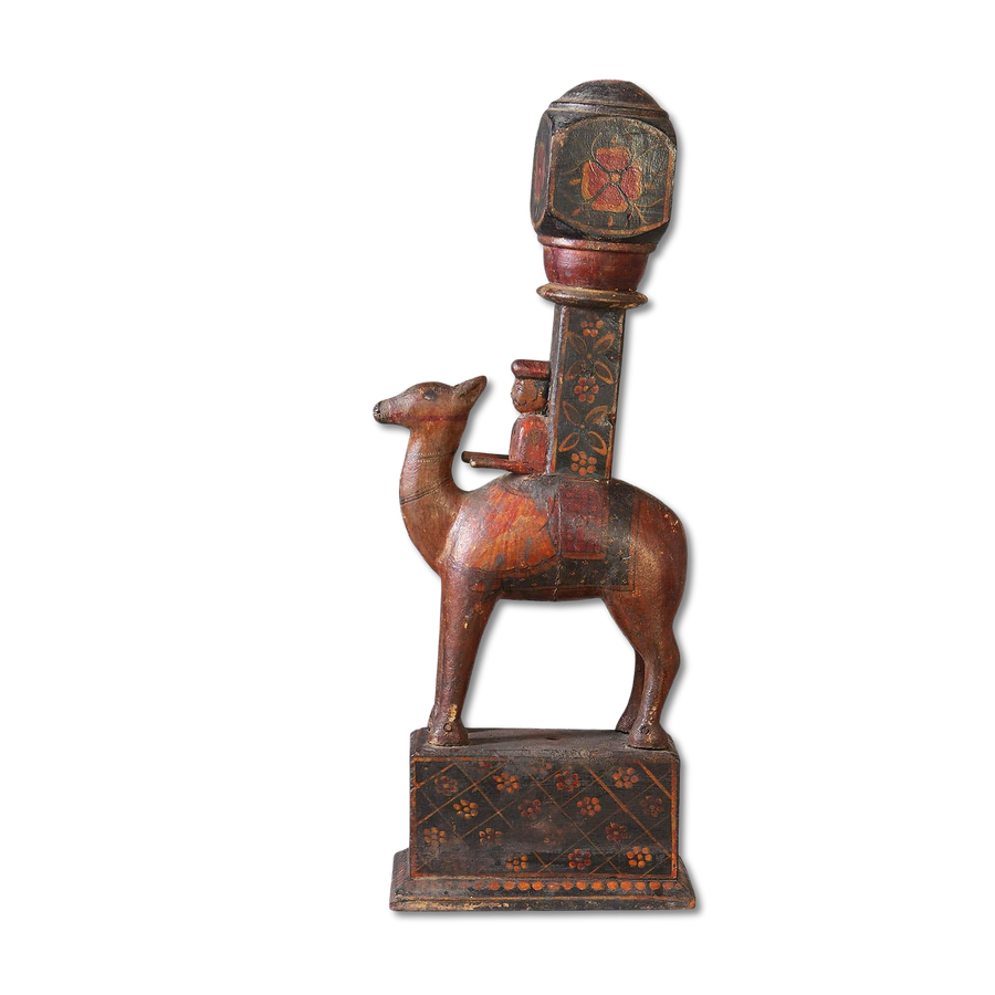 Rajasthani Lacquered Table Lamp featuring antique camel design with red and black lacquered finish from India circa 1920.