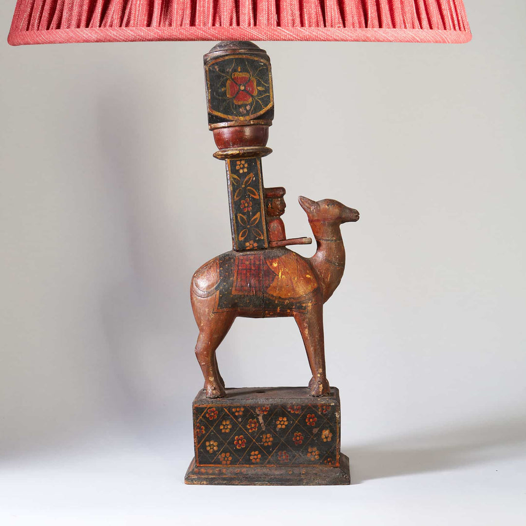 Rajasthani Lacquered Table Lamp with camel design, vintage Indian decor circa 1920, 49 cm tall with red lampshade