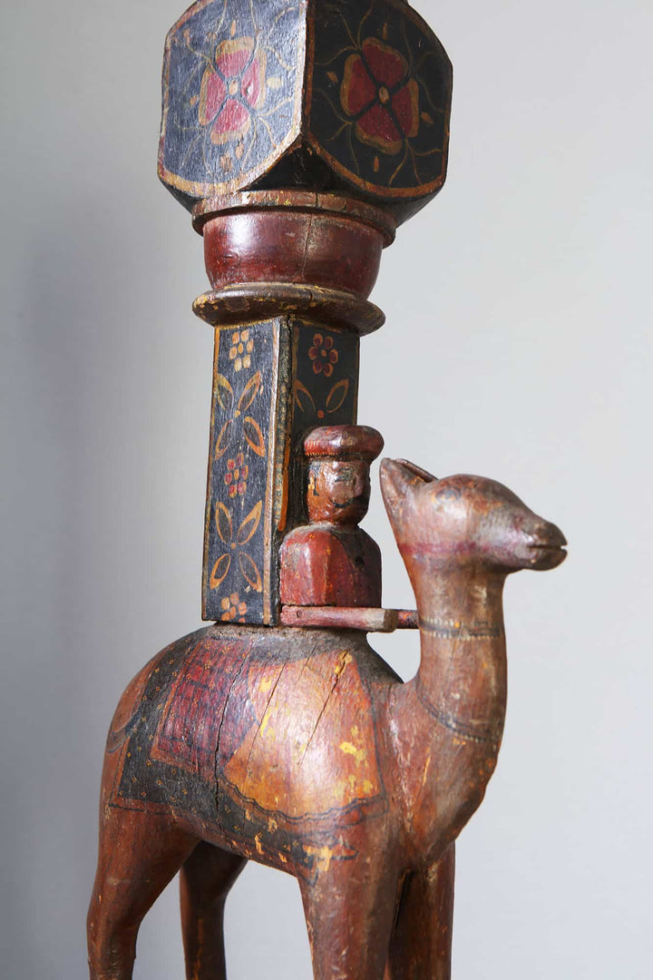 Rajasthani Lacquered Table Lamp featuring hand-painted floral designs on camel and rider wood sculpture circa 1920.