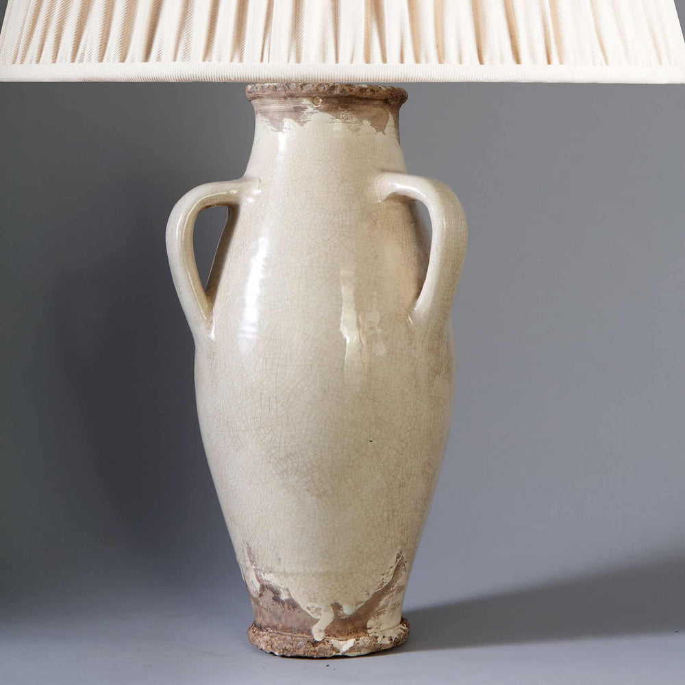 Vase attributed to Jean Besnard Mounted as a Table Lamp with off white crackle glaze and two handles.