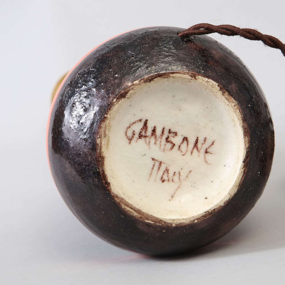 Signature on the base of Guido Gambone Italian vase as a Table Lamp showing makerโs mark and Italy inscription