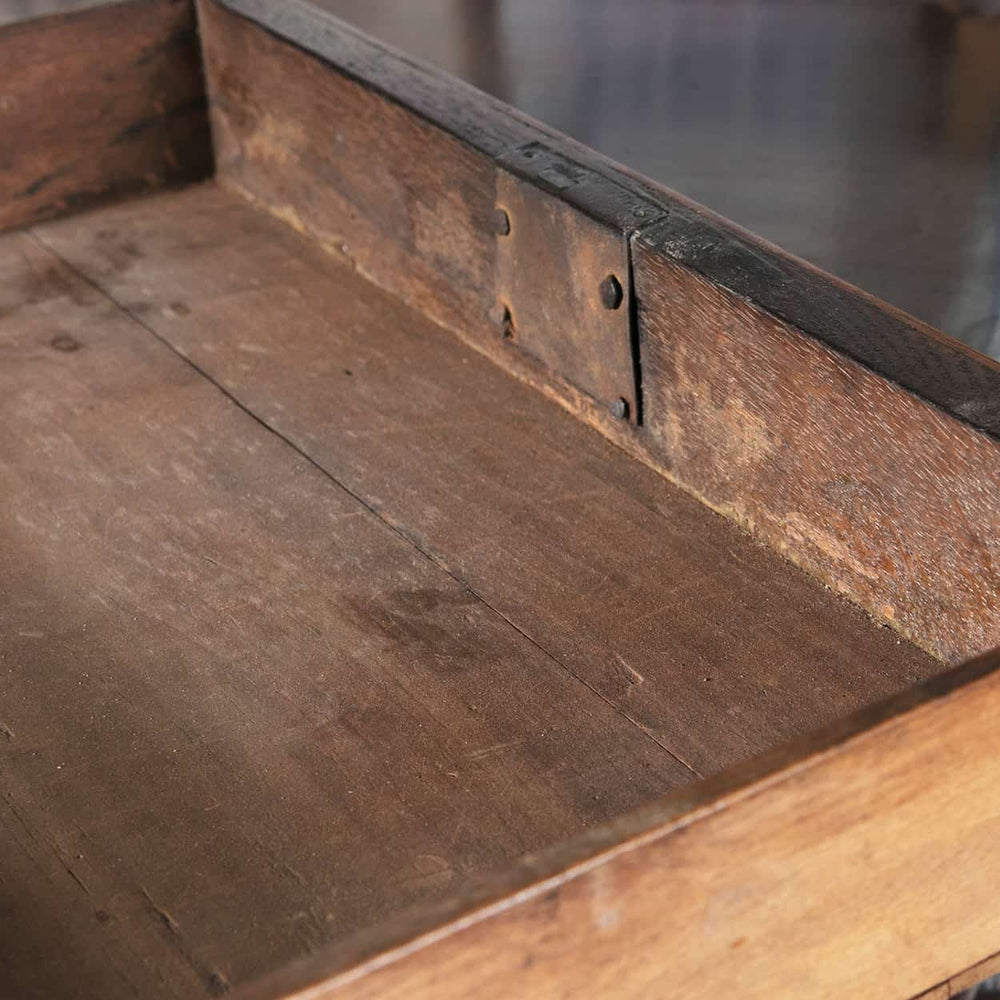 Early 18th Century George I Mahogany Silver Table drawer detail showing wood grain and metal hinge.