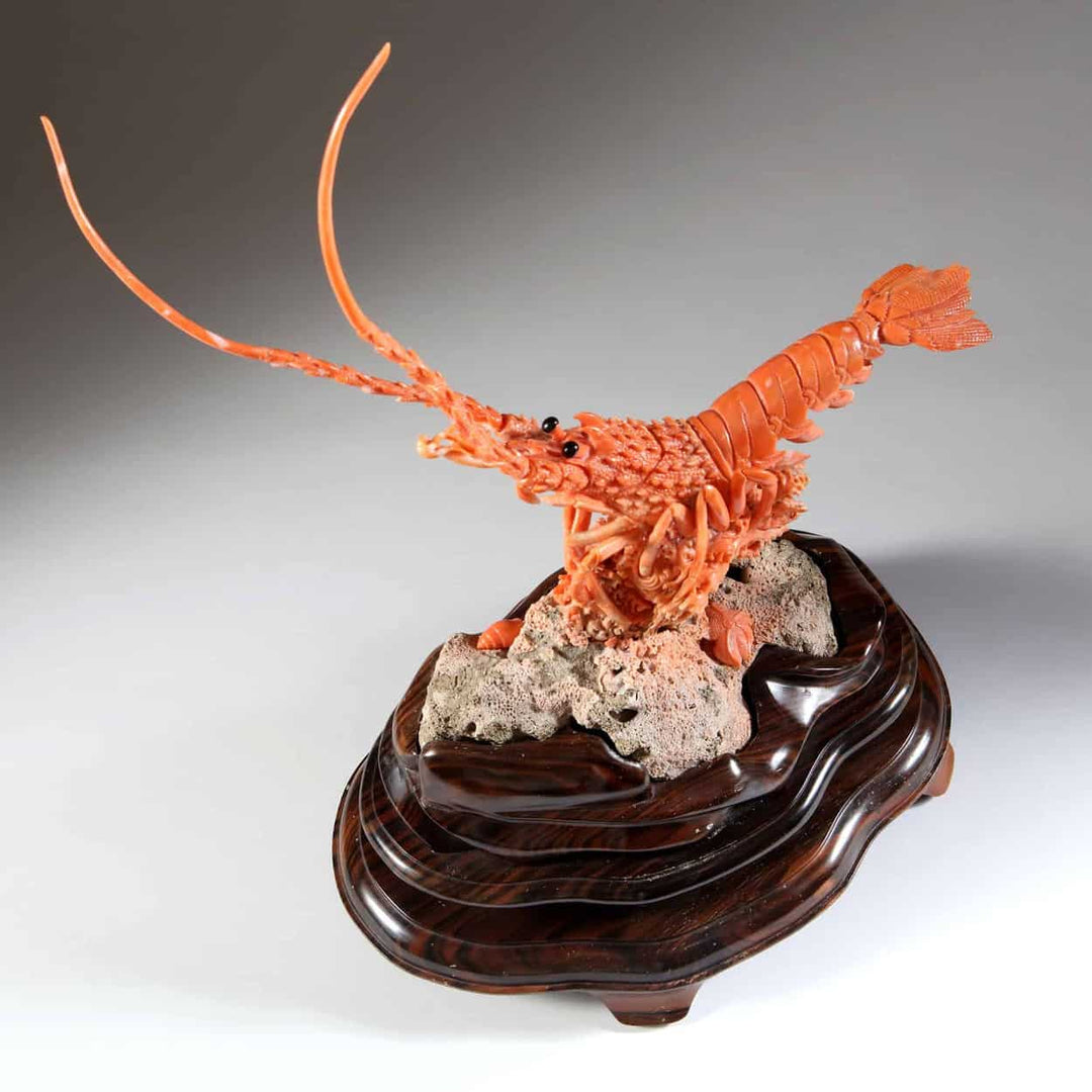 Carved Precious Coral Lobster on Stand