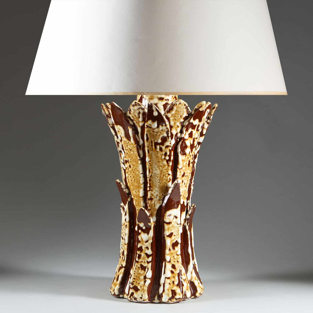 Two Tone Glazed Ceramic Foliate Vase Mounted as Table Lamp with brown and beige ceramic base and white lampshade