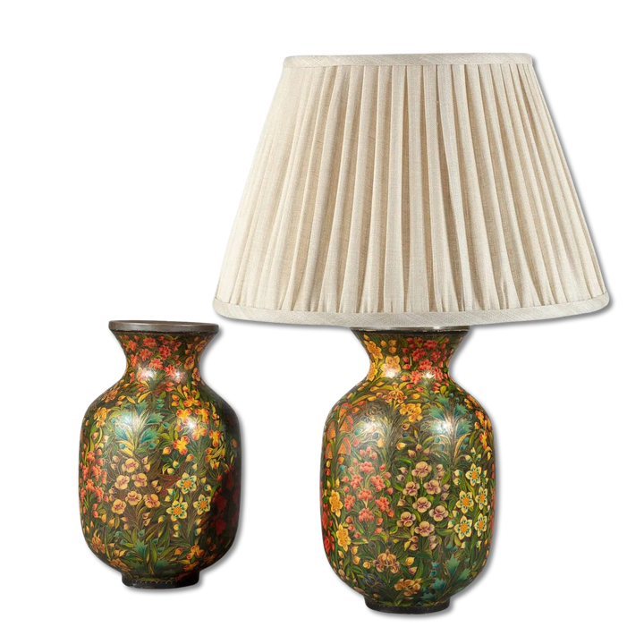 Pair of polychrome Kashmiri lacquer vases mounted as lamps with intricate floral foliate patterns circa 1900.