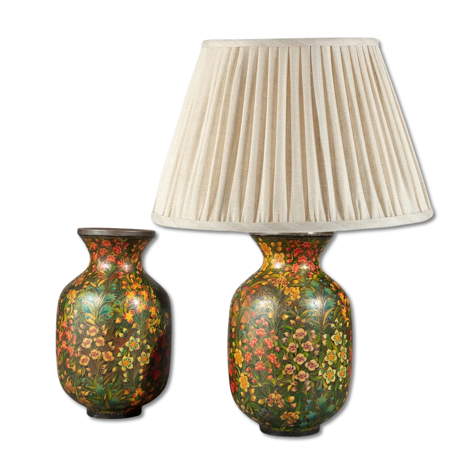 Pair of polychrome Kashmiri lacquer vases mounted as lamps with intricate floral foliate patterns circa 1900.