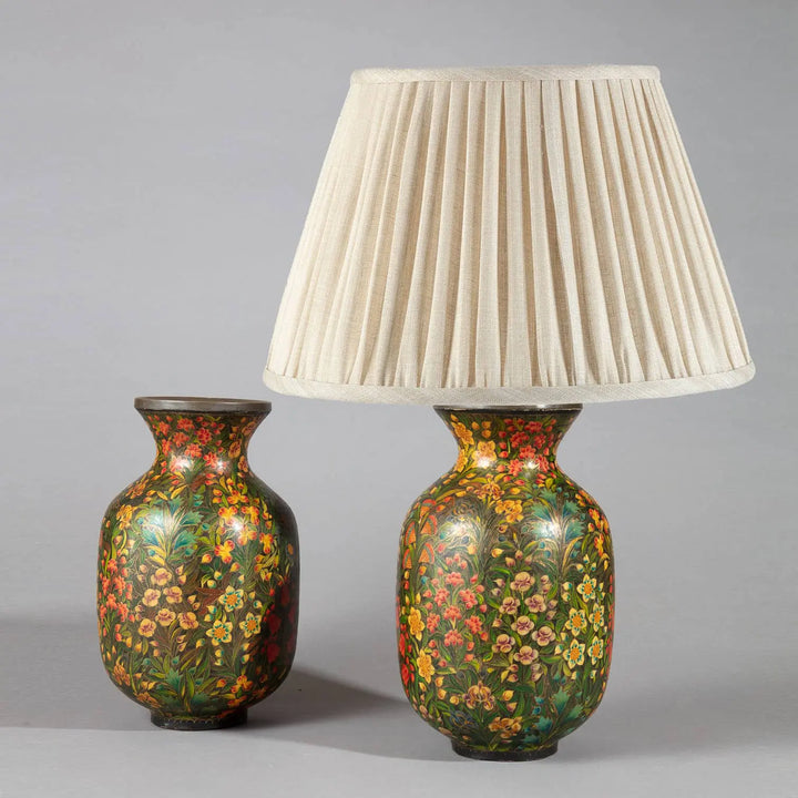 Pair of polychrome Kashmiri lacquer vases mounted as lamps with intricate foliate design circa 1900.