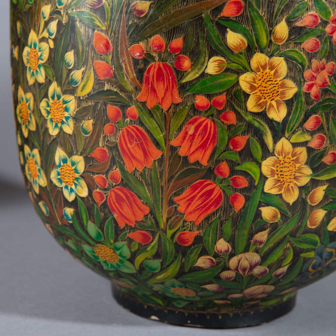 Pair of polychrome Kashmiri lacquer vases mounted as lamps with detailed floral foliate decoration circa 1900.