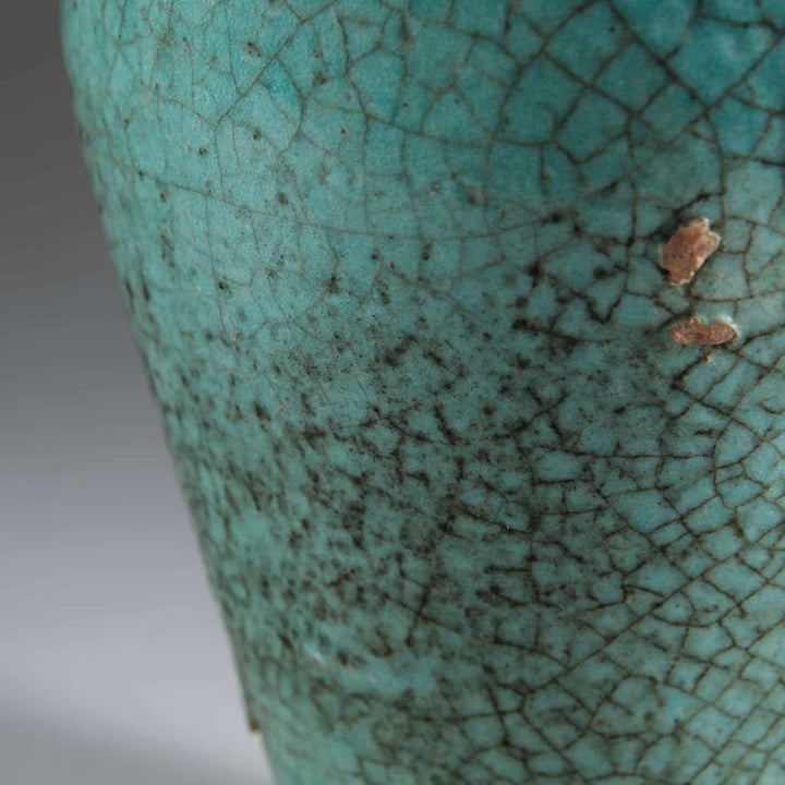 Close-up of the Persian Turquoise Crackle Glazed Vase Mounted as a Table Lamp showing detailed crackle glaze texture.