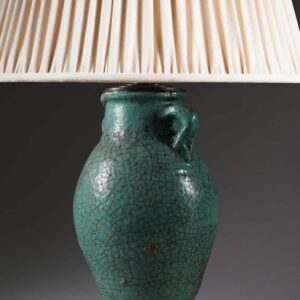 Persian Turquoise Crackle Glazed Vase Mounted as a Table Lamp with intricate 19th century Persian turquoise crackle glaze.