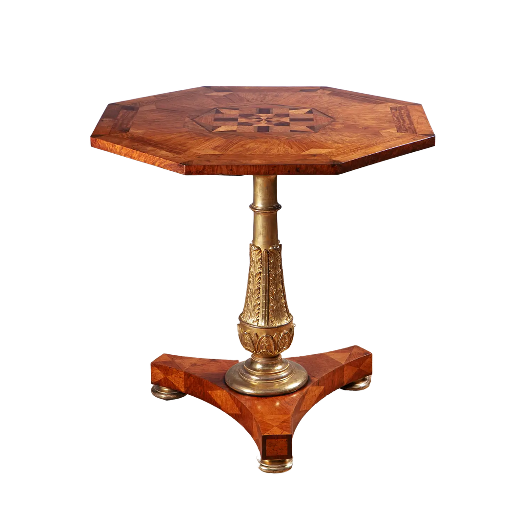 Marquetry Occasional Table by Jamar with octagonal parquetry top, gilt stem, and triform base, circa 1820 England.