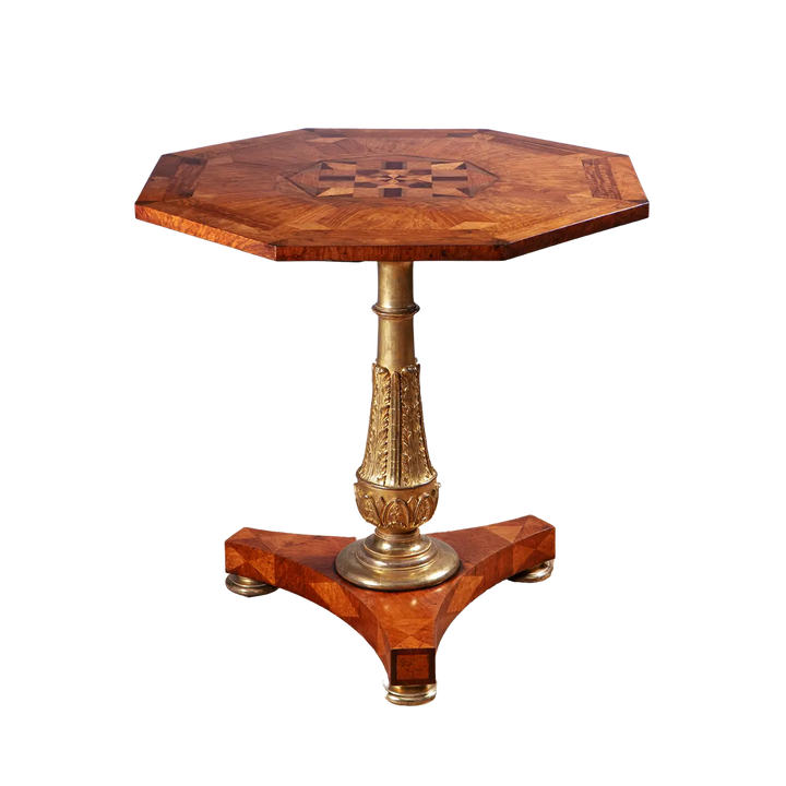 Marquetry Occasional Table by Jamar with octagonal parquetry top, gilt stem, and triform base, circa 1820 England.