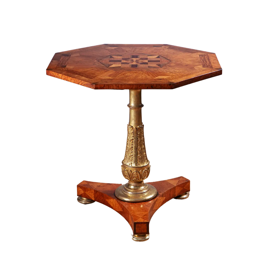 Marquetry Occasional Table by Jamar with octagonal parquetry top, gilt stem, and triform base, circa 1820 England.