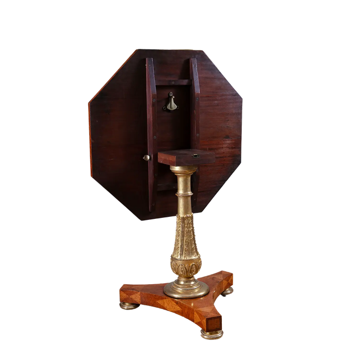 Marquetry Occasional Table by Jamar with octagonal parquetry top, gilt stem, and triform base, circa 1820.