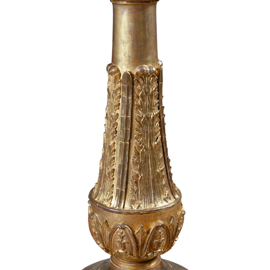 Marquetry Occasional Table by Jamar gilt composition stem with ornate carved leaf and floral designs detail close-up.