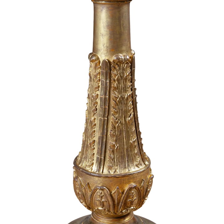 Marquetry Occasional Table by Jamar gilt composition stem with ornate carved leaf and floral designs detail close-up.