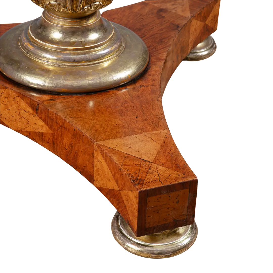 Marquetry Occasional Table by Jamar showing detailed gilt stem and geometric parquetry triform base design.