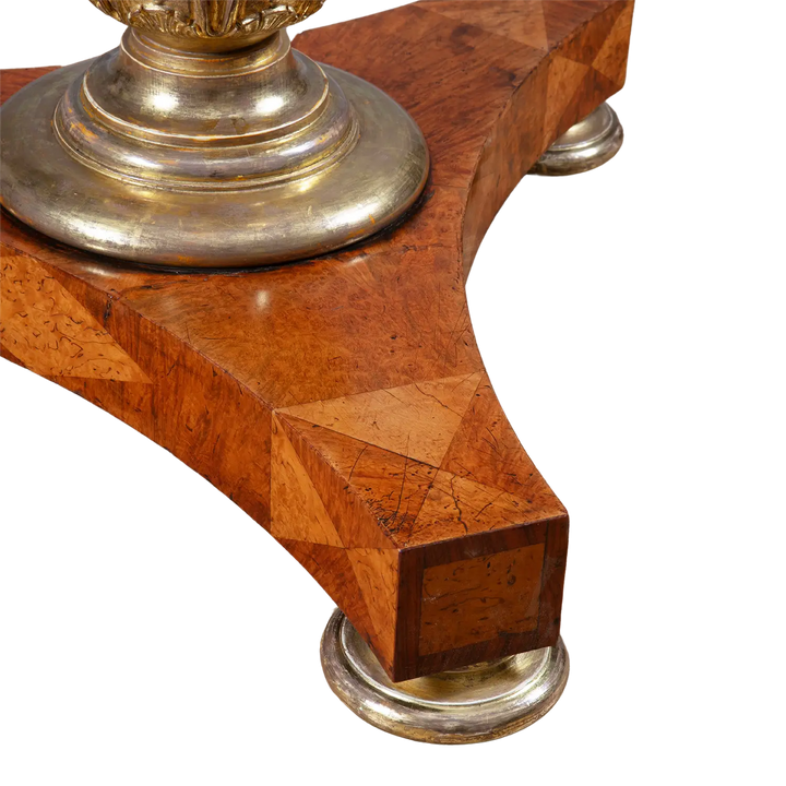 Marquetry Occasional Table by Jamar showing detailed gilt stem and geometric parquetry triform base design.