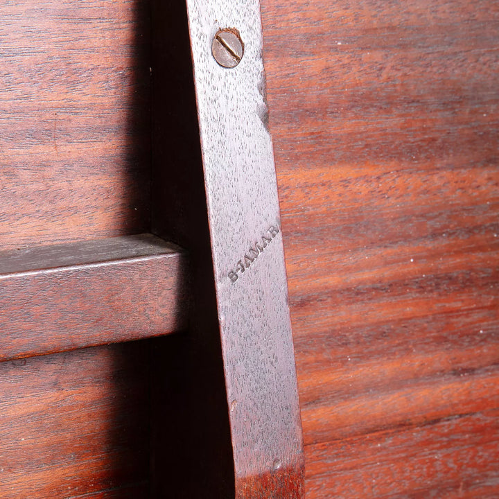 Close-up view of the stamp on the Marquetry Occasional Table by Jamar wooden frame, circa 1820 England.