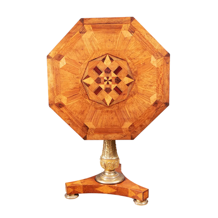 Marquetry Occasional Table by Jamar with octagonal parquetry top and gilt composition stem on triform base.