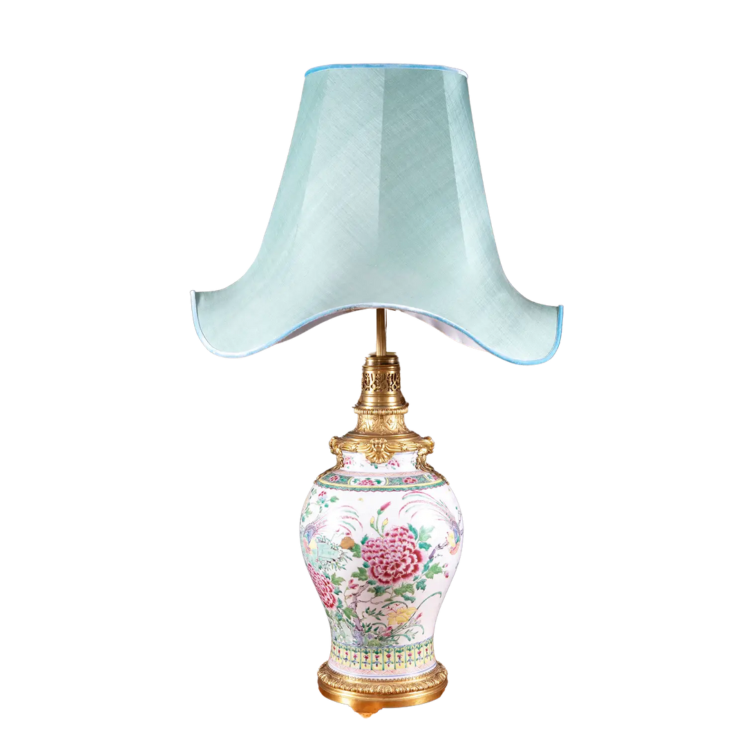 Chinese Famille Rose Mounted Vase as a Lamp with floral and pheasant design, baluster form, and blue fabric lampshade.