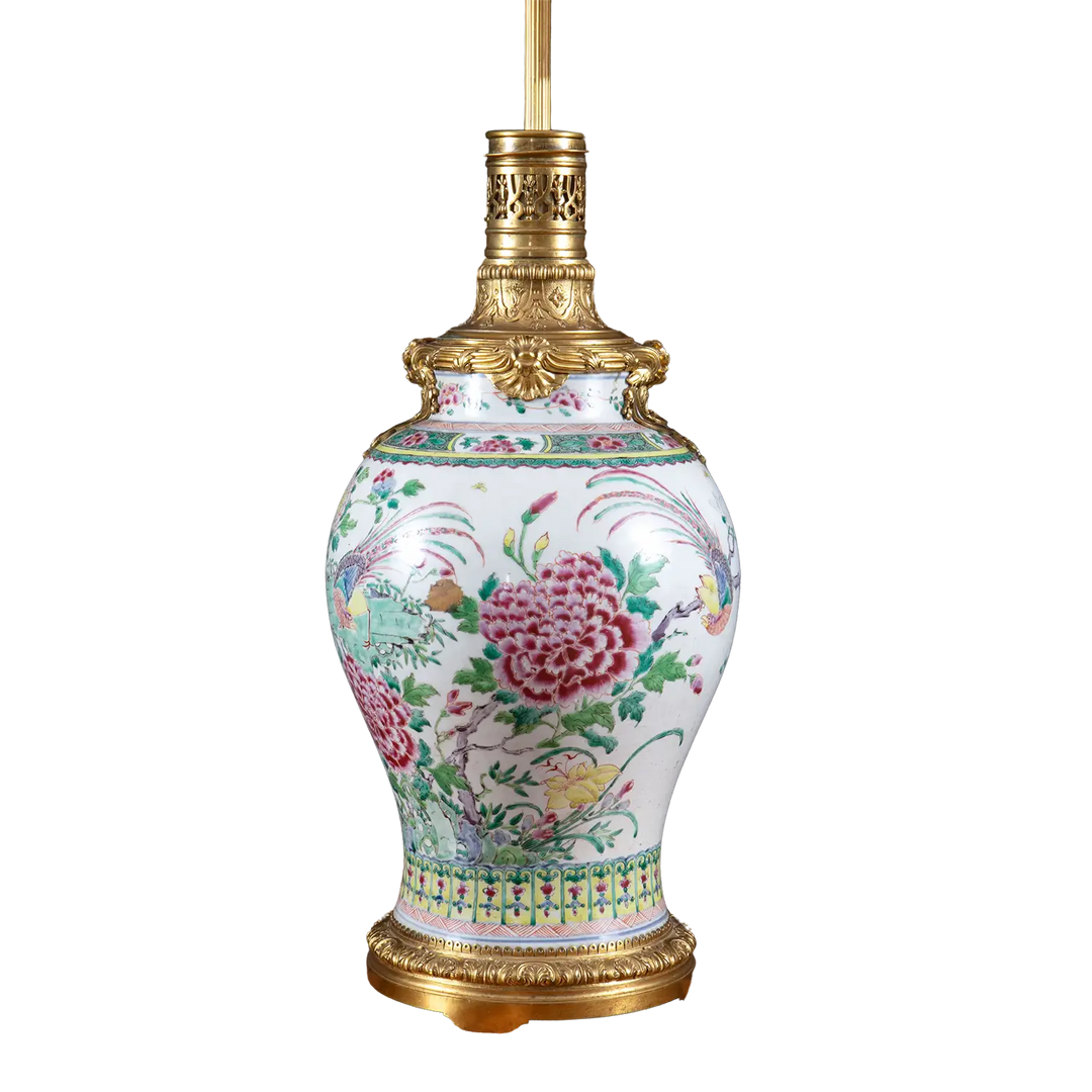Chinese Famille Rose Mounted Vase as a Lamp with pheasant and floral motifs on baluster porcelain body.