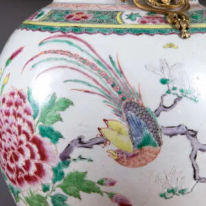 Chinese Famille Rose Mounted Vase as a Lamp with colorful pheasant and blossoming magnolia motifs, circa 1870, 91 cm tall.