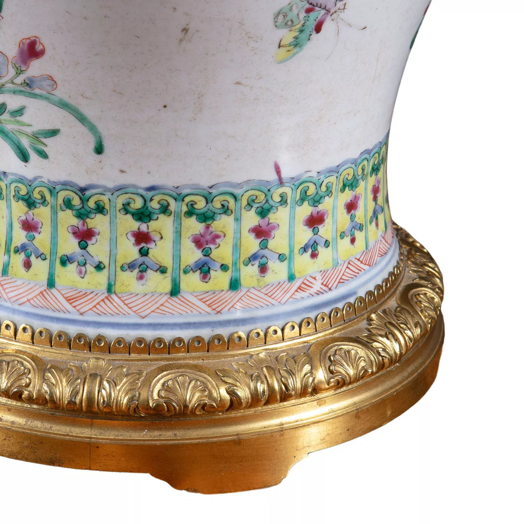 Chinese Famille Rose Mounted Vase as a Lamp with detailed floral border and ornate gold base from circa 1870.