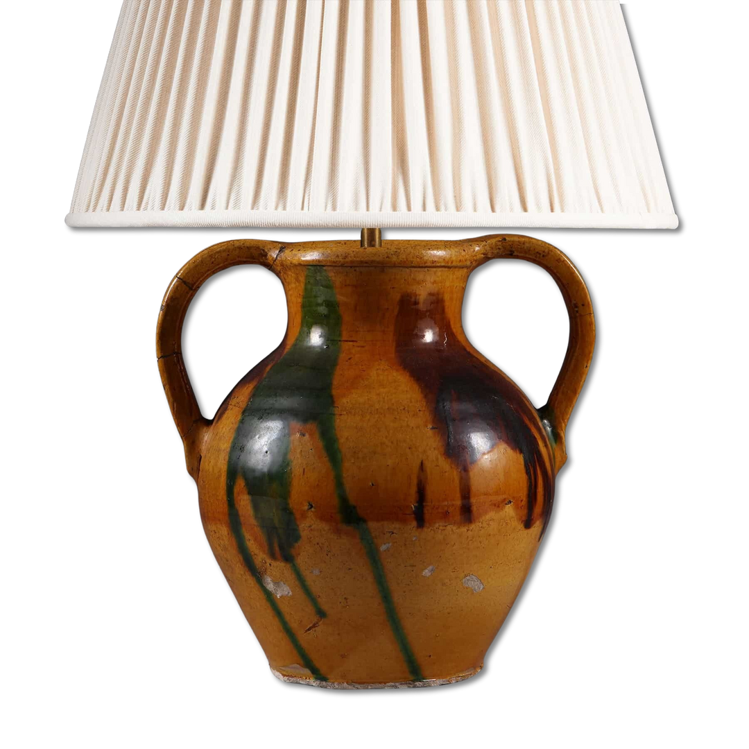 Two Handled Splash Glazed Vase Mounted as a Lamp with cream pleated shade and antique splash glaze finish