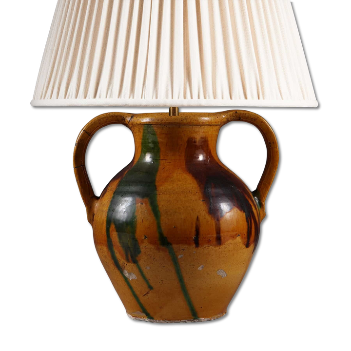 Two Handled Splash Glazed Vase Mounted as a Lamp with cream pleated shade and antique splash glaze finish