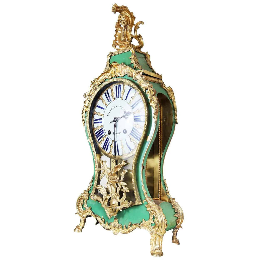 18th-century Louis XV bracket cartel clock by Charles Voisin with green horn veneer and gilt bronze mounts from Nicholas Wells Antiques