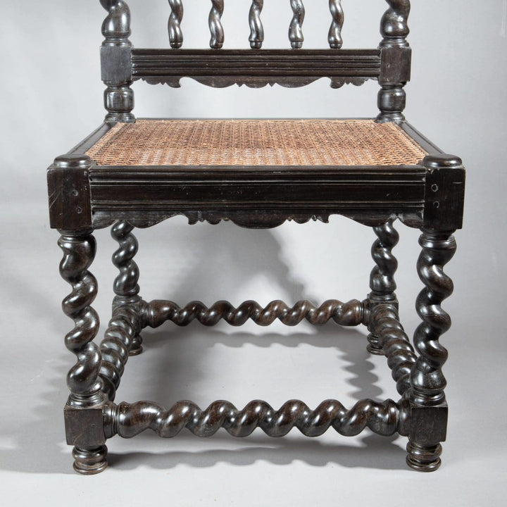 Pair of antique Indian hall chairs with solid ebony barley twist legs and caned seats by Collection EE30