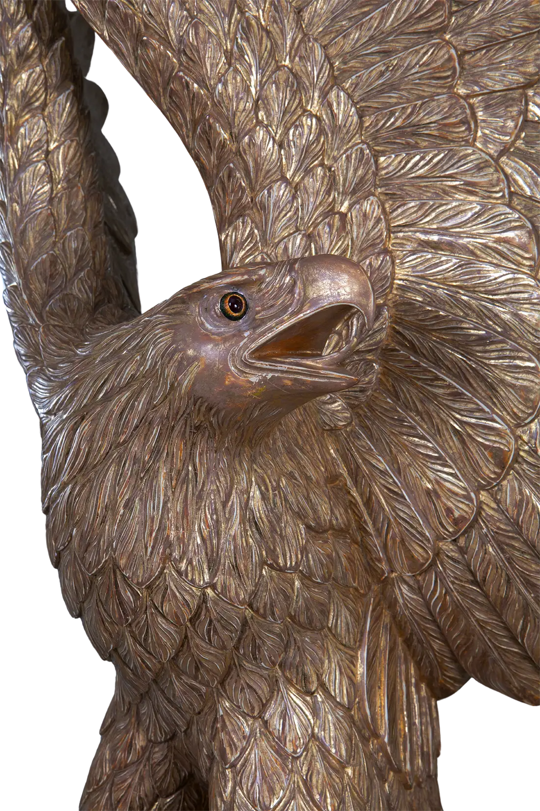 Carved Giltwood Eagle & Ebonised Column close-up showing detailed gilded feathers and lifelike expression.