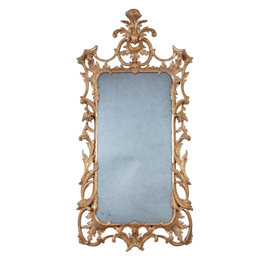 George II Chippendale Giltwood Mirror with intricate Rococo giltwood carvings and original mid-18th century plate.