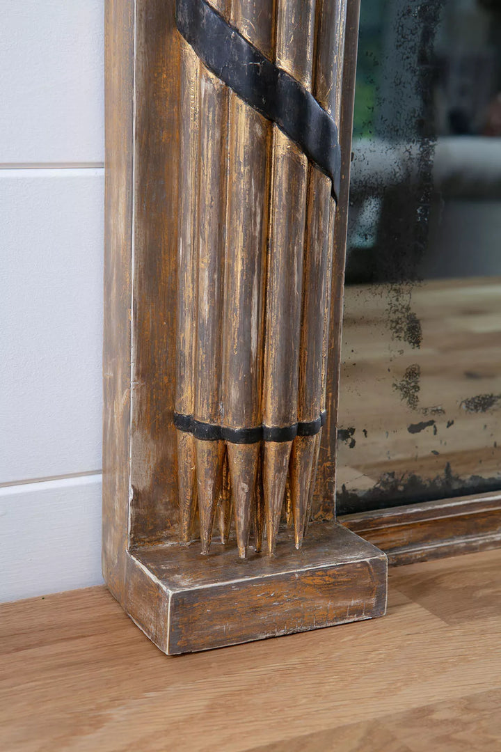 Federal Parcel Gilt Overmantle Mirror with aged silvered plate and ebonised decorative spear and column motifs.