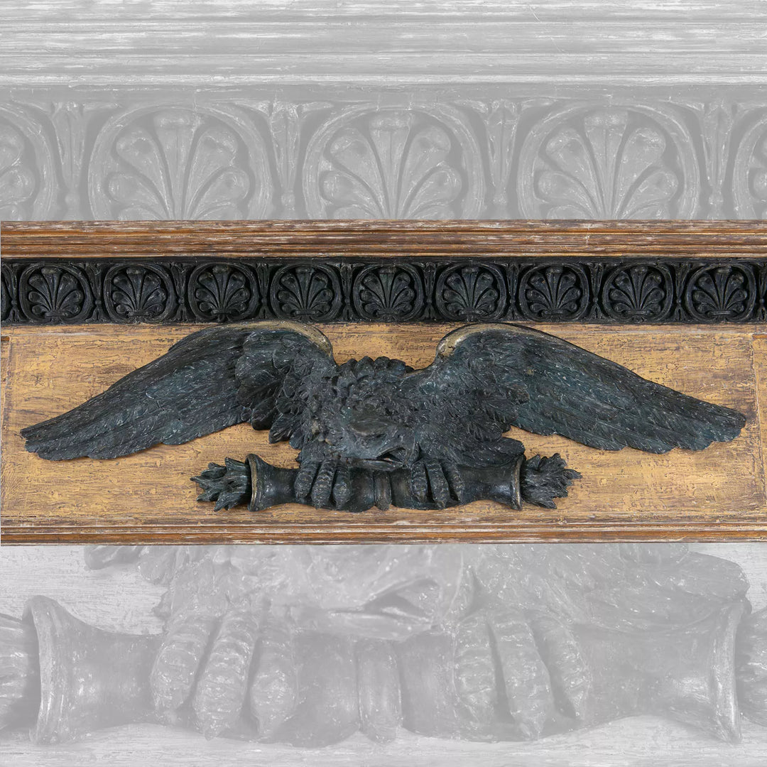 Federal Parcel Gilt Overmantle Mirror with ebonised eagle and classical Greek decorative motifs detail.