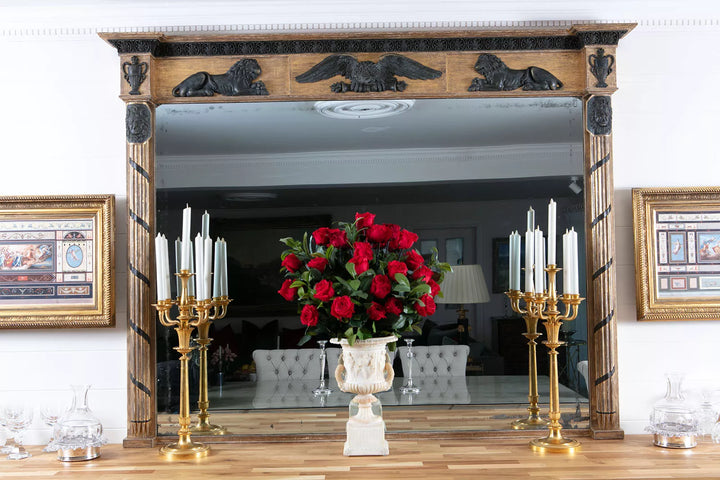 Federal Parcel Gilt Overmantle Mirror with classical Greek motifs, aged silvering, ebonised lions, eagle, and gorgon heads.
