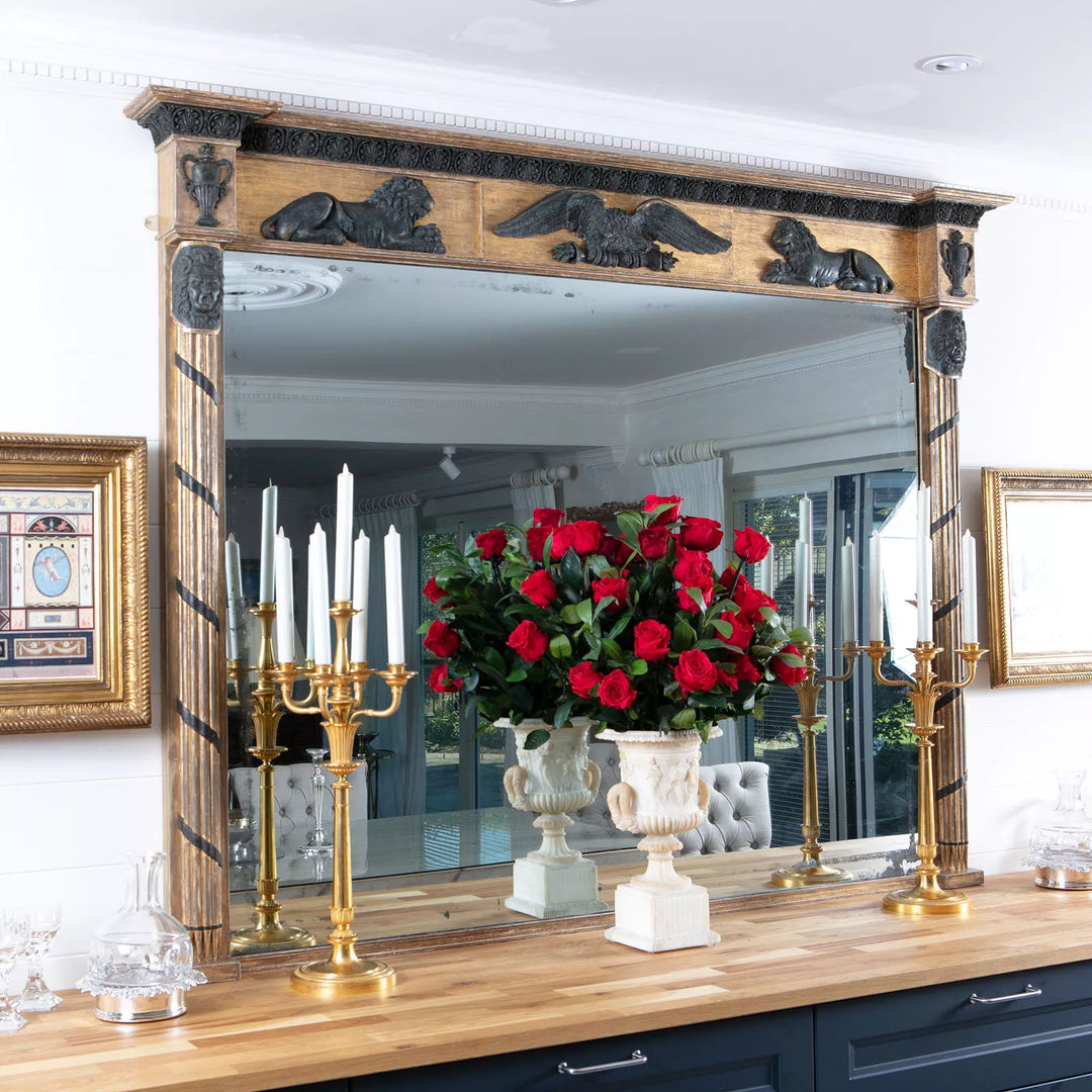 Federal Parcel Gilt Overmantle Mirror with ebonised lions, eagle, gorgon heads, and Greek anthemion pattern circa 1800.