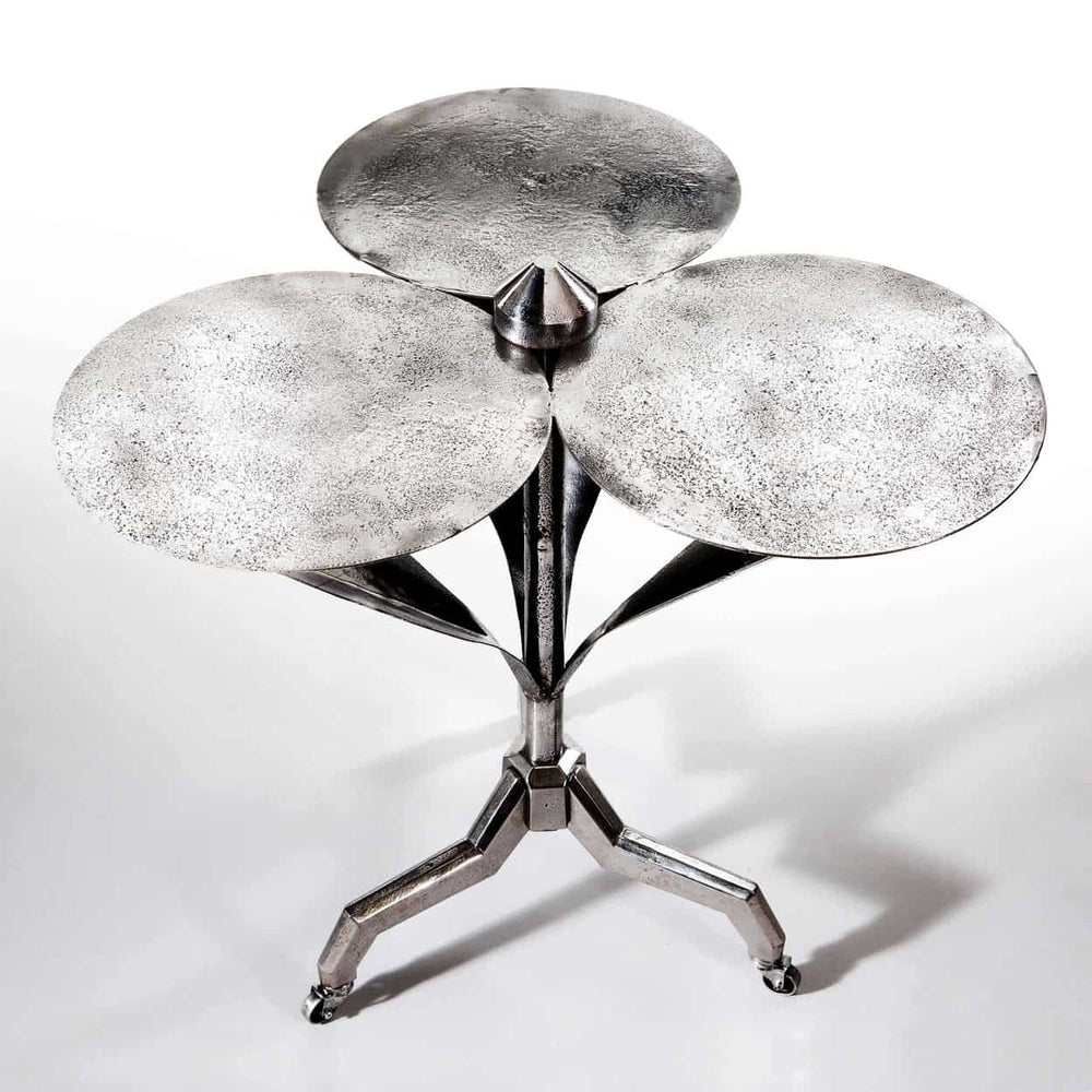 Art Deco Polished Steel Flower Table with three round steel tops and tripod base, French circa 1930 design.
