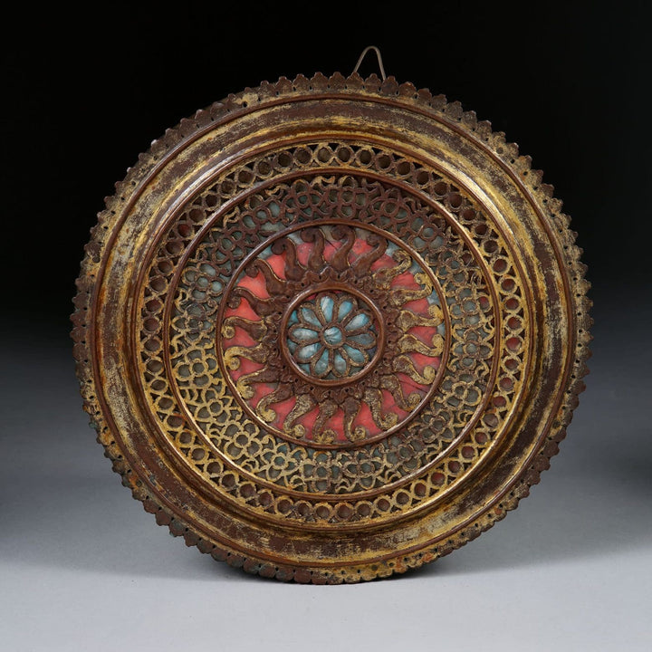 Group of nine pierced gilt copper mirrored Chakras with intricate patterns by Collection EE20, circa 1880, 26cm diameter