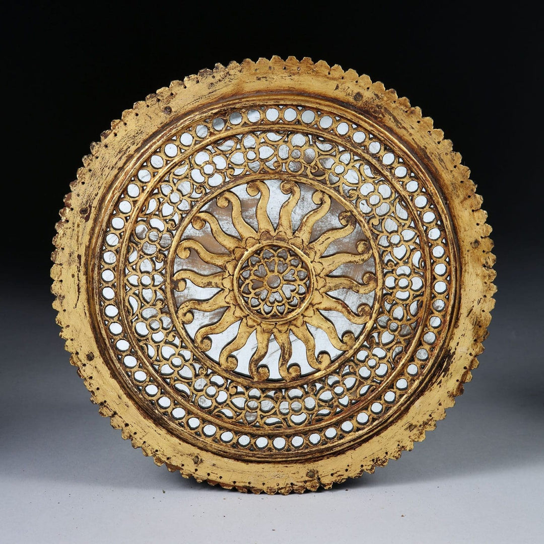 Pierced gilt copper mirrored chakra with intricate design from Collection EE20, inspired by Vishnu’s Sudarshan Chakra circa 1880