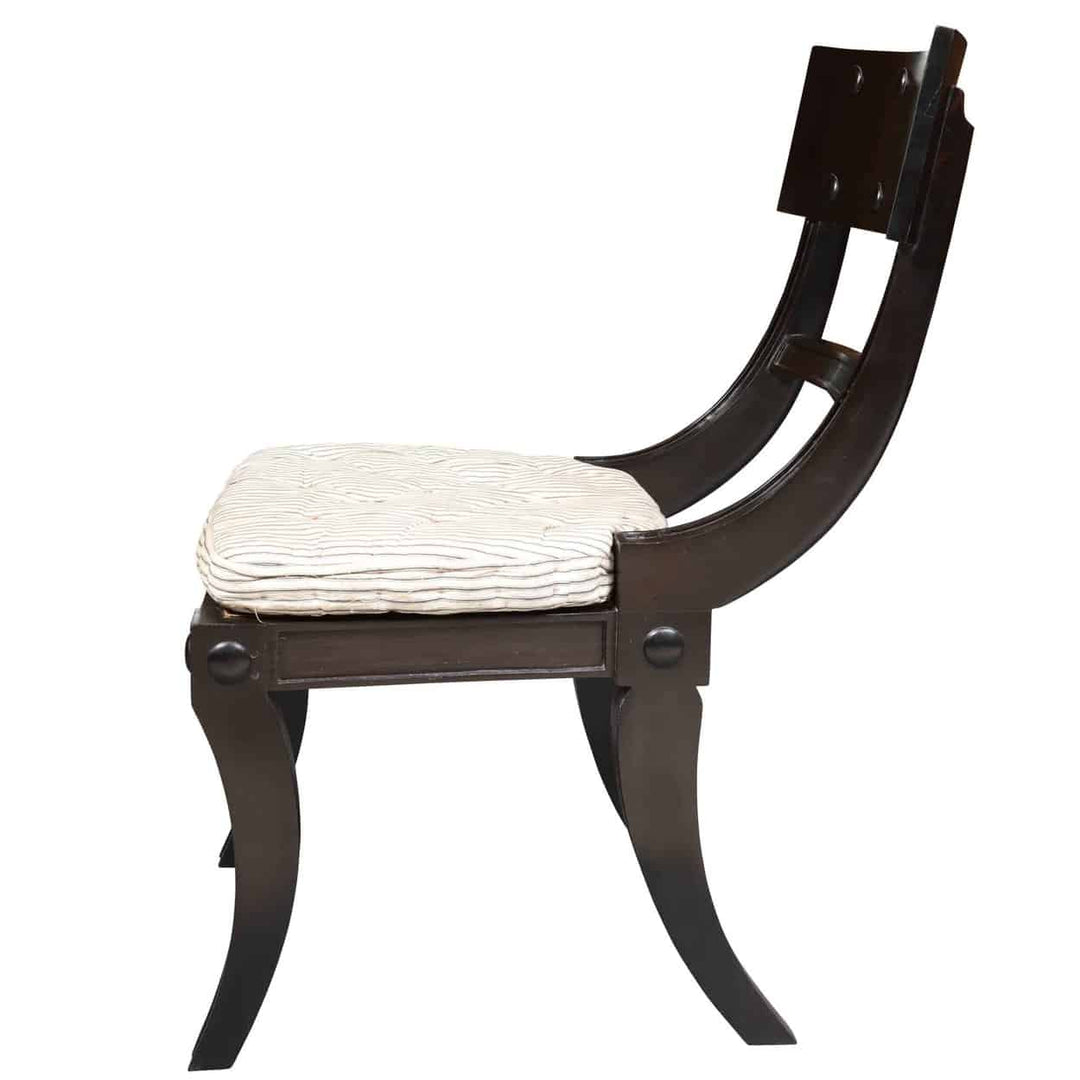 Ebony Klismos dining chair with curved back and white horsehair cushion by Collection EE30, elegant handcrafted design