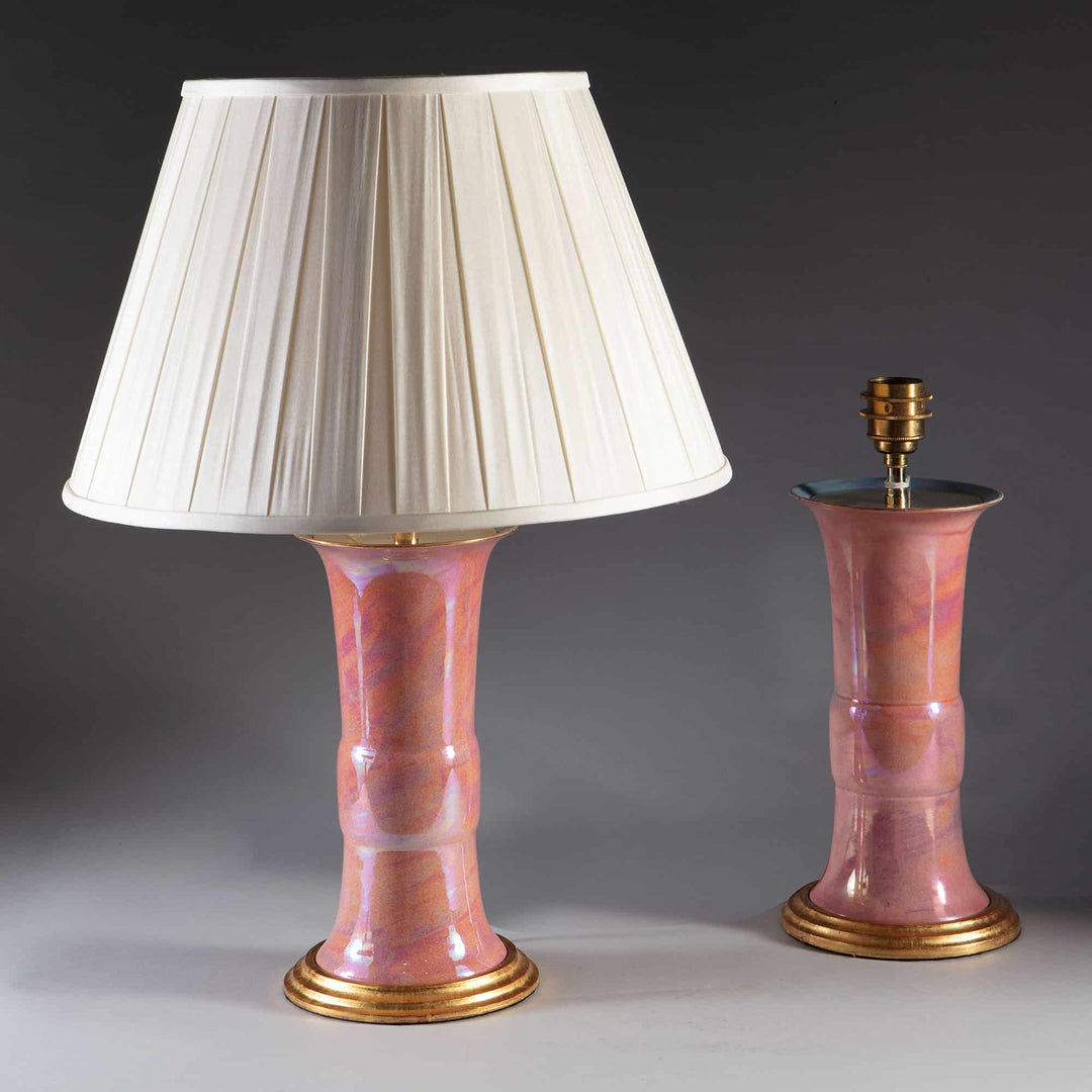 Pair of Mid Century Pink Lustre Glazed Vases as Table Lamps
