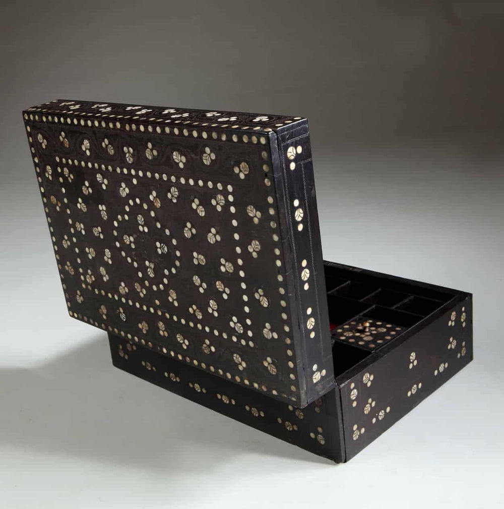 19th century Indian ebony dressing box with bone floral inlay and stipple work by Collection EE20