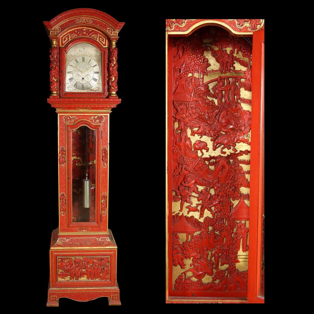 Chinese Red Lacquer and Gilt Longcase Clock