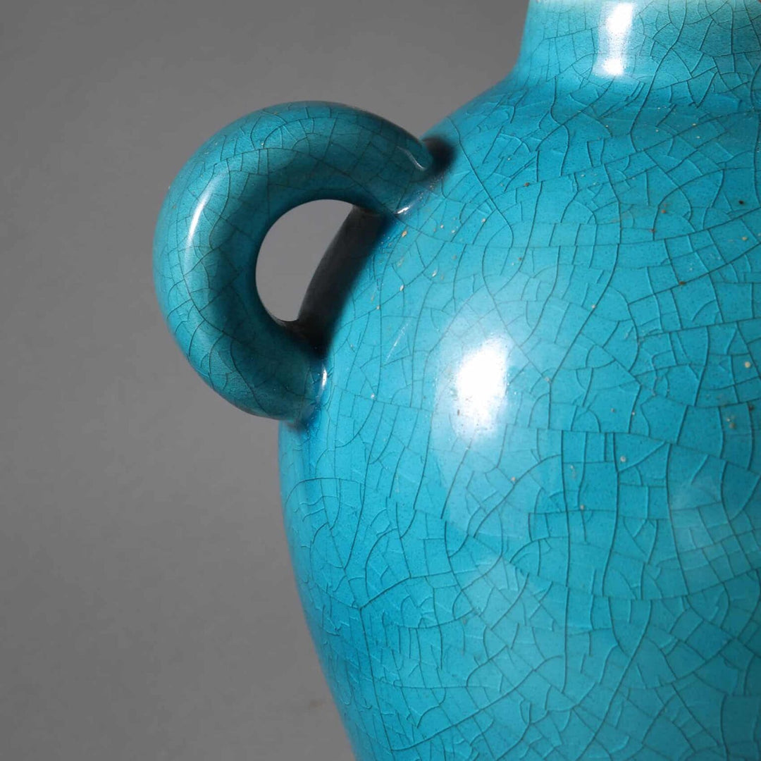 Blue Crackle Glazed Vase by Signed Keramos Mounted as a Table Lamp with detailed crackle pattern and handle close-up view