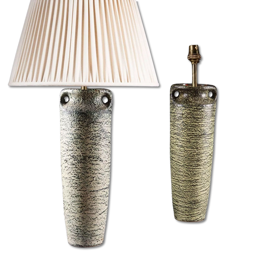 Two Volcano Vases Mounted as Table Lamps with naturalistic volcanic glaze, mid-century Continental circa 1960.